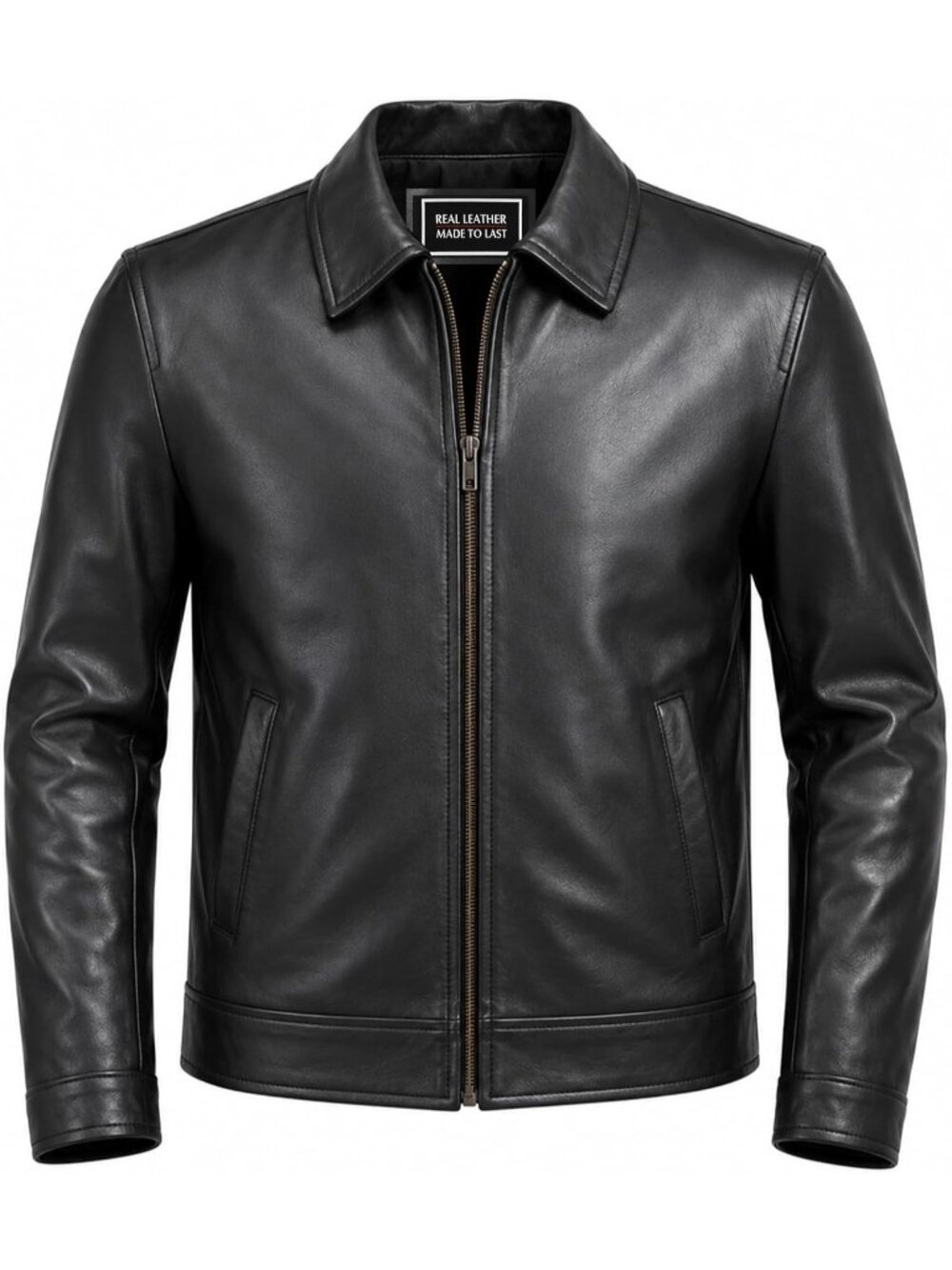 Man's Black Lame Skin Lather Polo Collar Pockets Long Sleeve  Leather Jacket